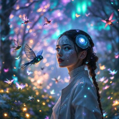 The primary subject of the image is a woman with a futuristic look, wearing a white jacket and a headpiece. She is standing in a forest filled with colorful butterflies. The setting is a lush, green forest with a variety of butterflies flying around. The visual style of the image is a combination of photo and digital art, creating a surreal and dreamy atmosphere. The colors and mood of the image are vibrant and uplifting, with the woman and the but